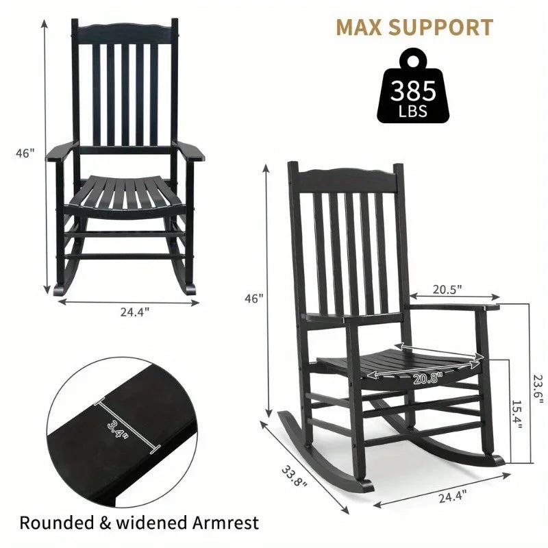 Wood Rocking Chair Porch Rocker High Back Garden Seat for Outdoor Indoor, Black
