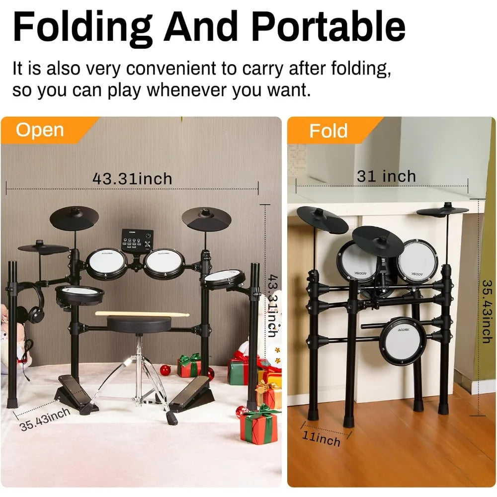 Electric Drum Set with Quiet Mesh Pads,Electronic Drum for Beginner,USB MIDI,Throne,Headphones,Sticks