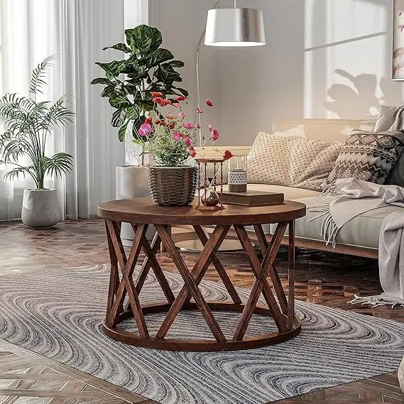 Farmhouse Coffee Table, Rustic Round Coffee Table with X-Motifs Legs, Wood Textured Top, for Boho, French Country Decor, Antique