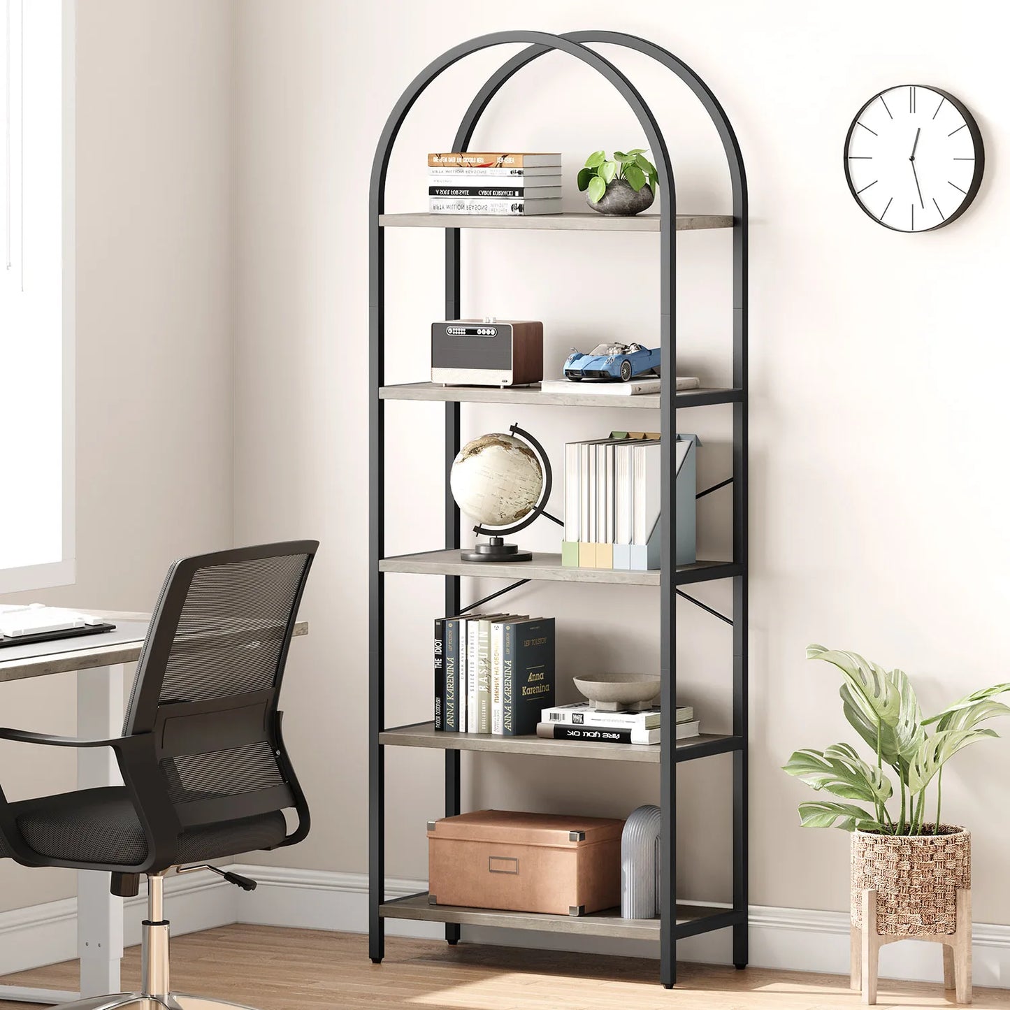 5-Tier Arched Bookshelf, 180cm Tall Industrial Open Bookcase, Freestanding Display Rack Metal Wooden Storage Shelving Units