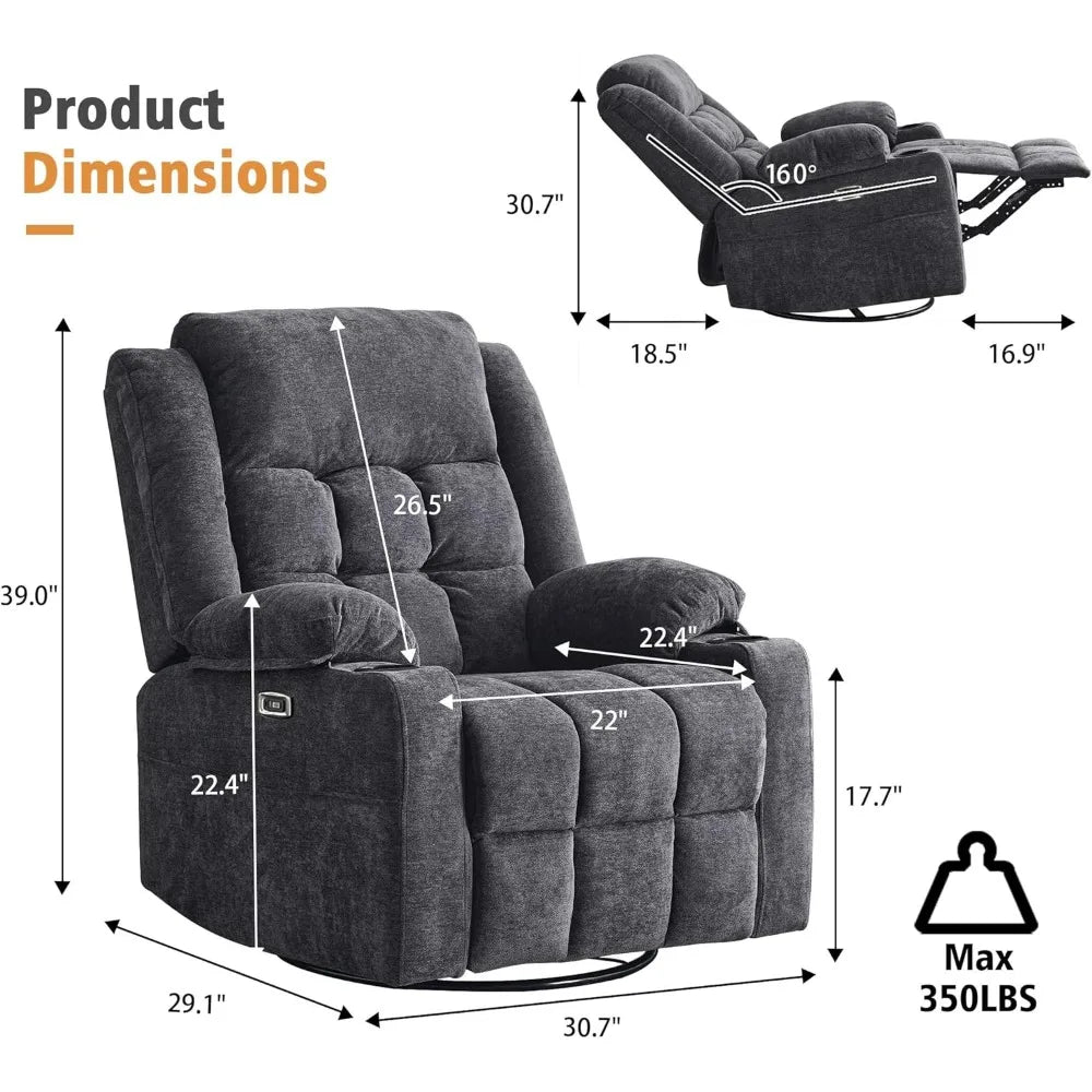 Power Swivel Rocker Recliner Chair for Adults with Massage and Heat, USB and Type-C Ports, Infinite Position, Electric Glider Re