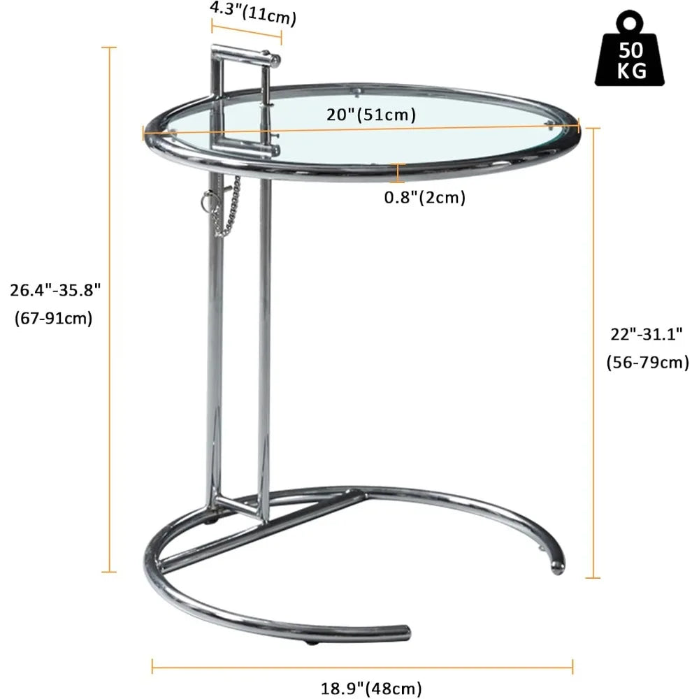 Glass End Table, Round Side Table with Handle, Height Adjustable C Shaped Sofa Table with Tempered Glass Top, Small Coffee Table