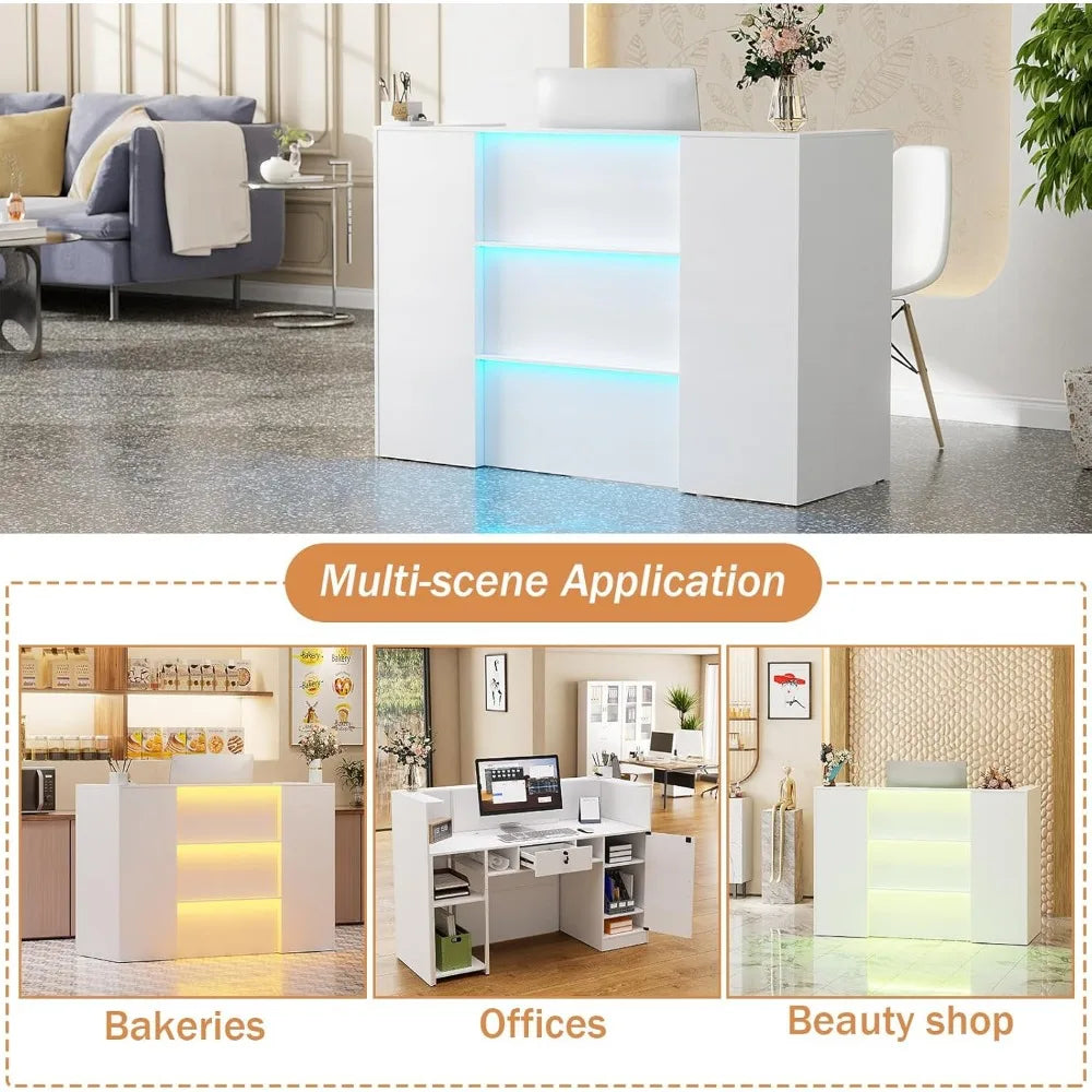 63 Inches Reception Table, Front Desk with RGB LED Lights, Modern Reception Desk with Counter & Lockable Drawer & Open Shelves,