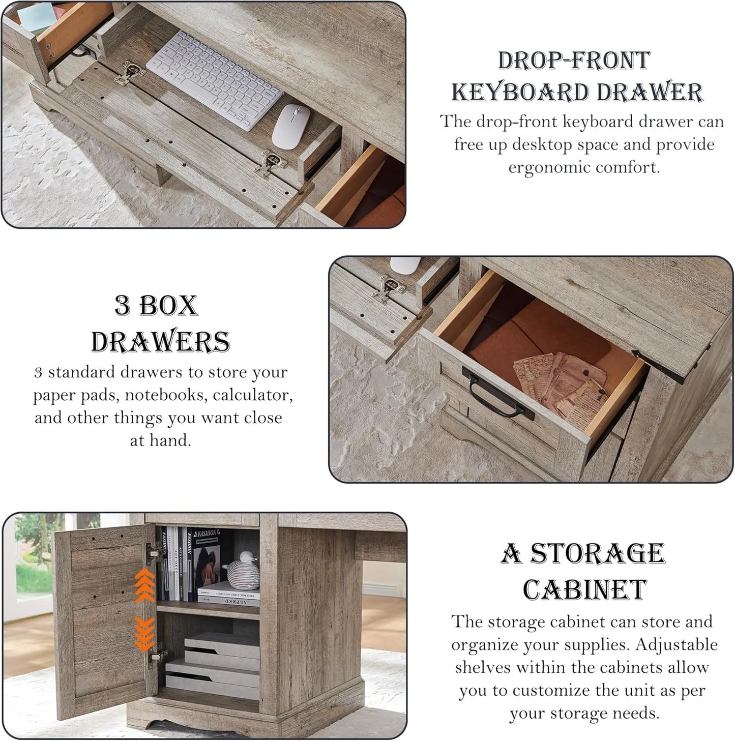 Farmhouse Executive Desk with Drawers, Wood Home Office Desk w/Charging Station, Keyboard Tray, File Drawer, Storage Cabinet