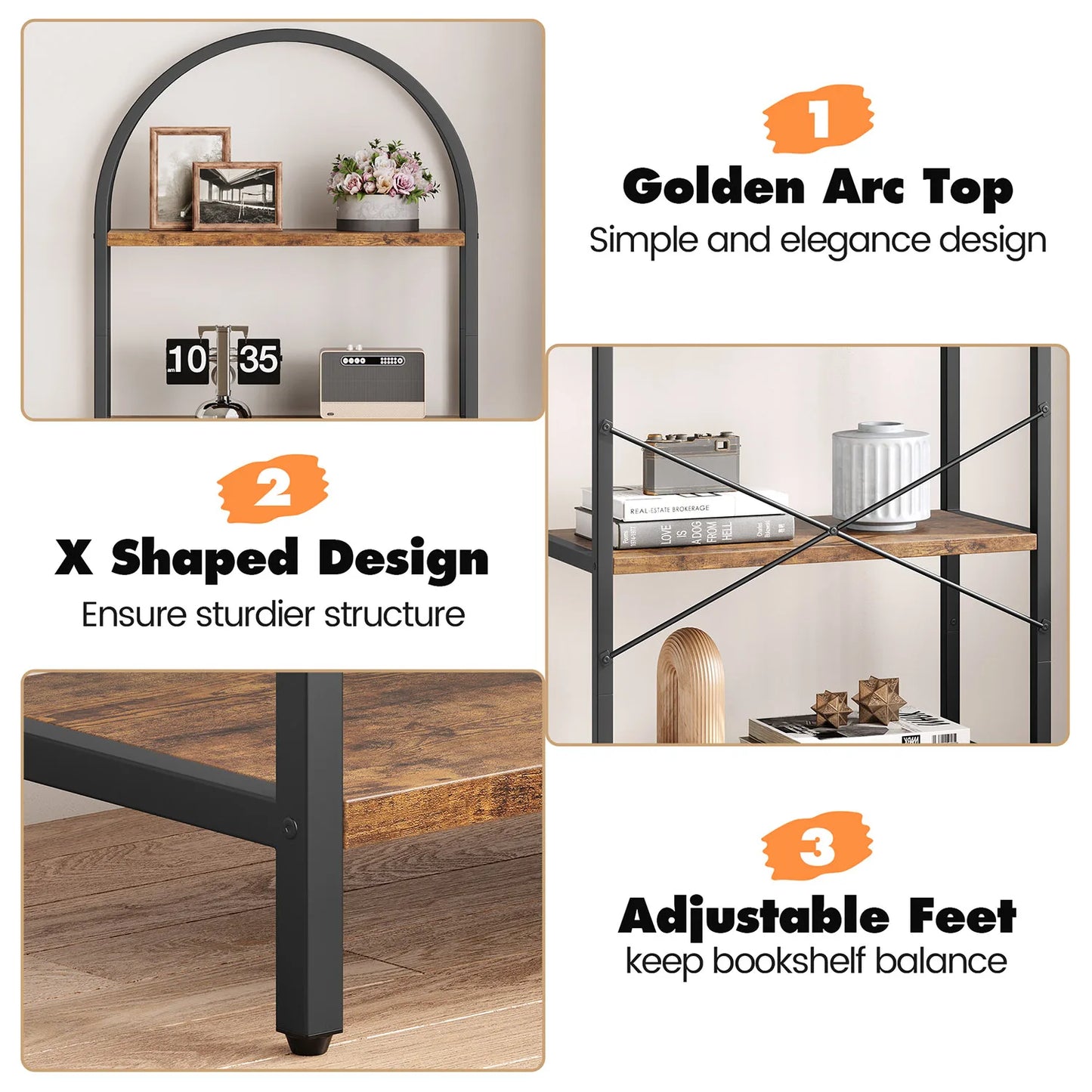 5-Tier Arched Bookshelf, 180cm Tall Industrial Open Bookcase, Freestanding Display Rack Metal Wooden Storage Shelving Units