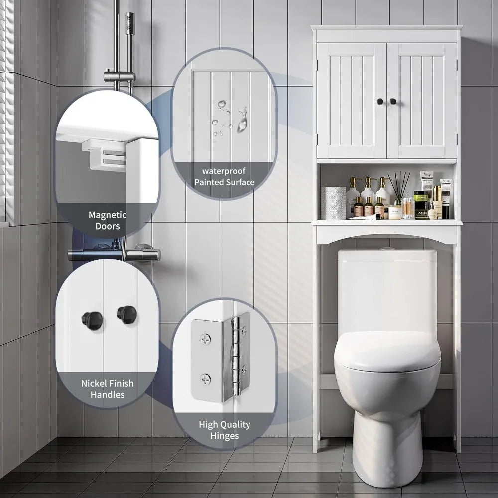 Over The Toilet Storage Cabinet with Open Shelf and Double Doors