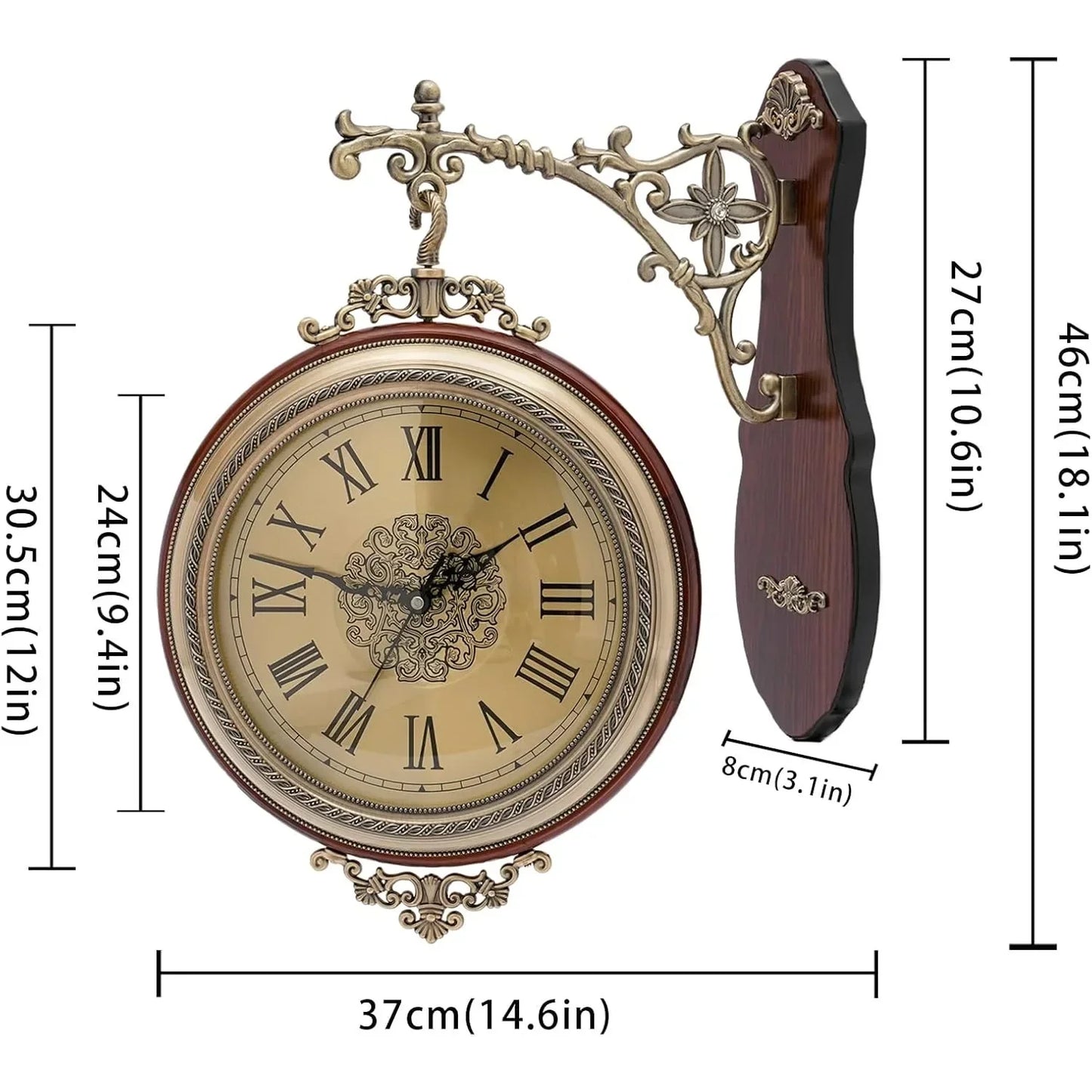 Large Wall Clock Double Sided, European Style Alloy Wall Clock Non Ticking Silent Clock for Indoor Outdoor Office Living Room