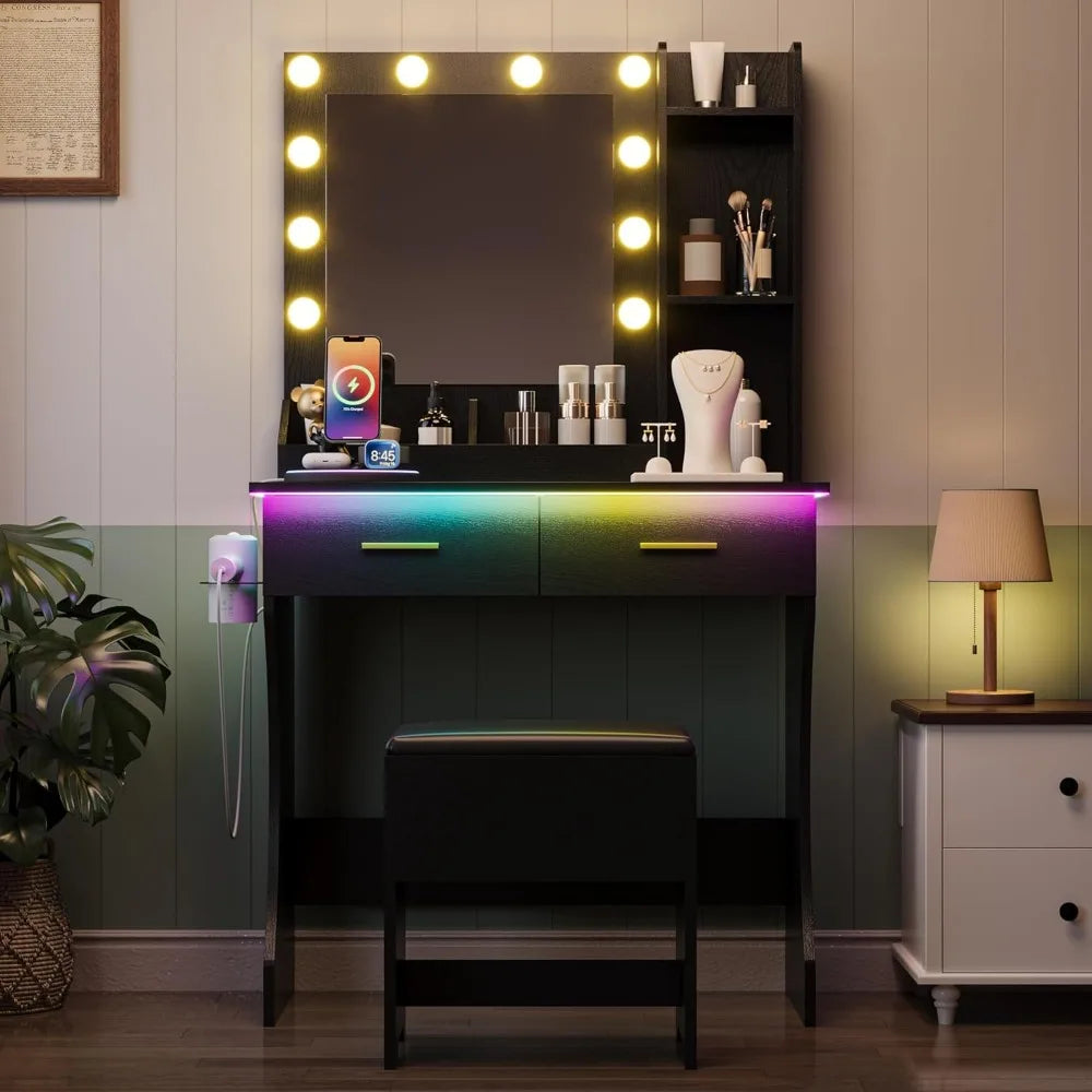 Vanity Mirror with Lights Desk and Chair,Makeup Table with Charging Station,Small Dressing Table with 2 Large Drawers,RGB Ambien