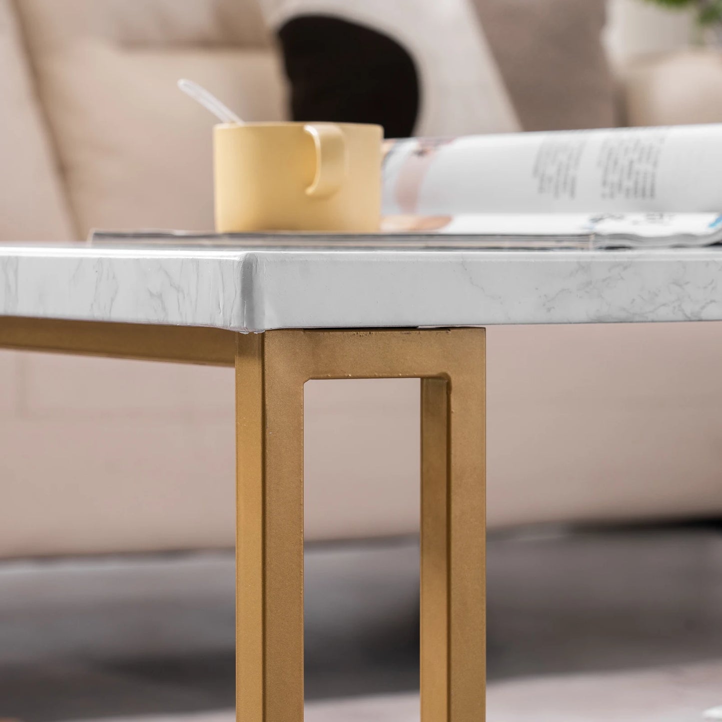 (106 x 50 x 48cm) Simple Double-layer Golden Iron Pipe Marble PVC Coffee Table Rectangular