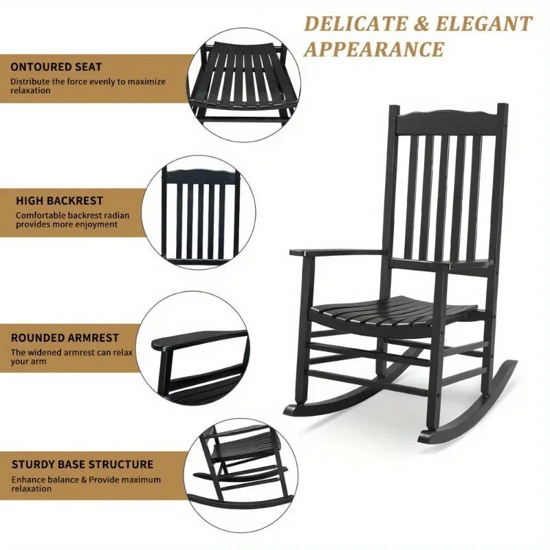 Wood Rocking Chair Porch Rocker High Back Garden Seat for Outdoor Indoor, Black