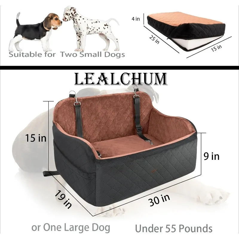 Dog Car Seat for Large Size Dog,Soft Fabric Car Dog Bed Filling Memory Foam,2 Clip-On Safety Leashs and 2 Pockets,Removable and