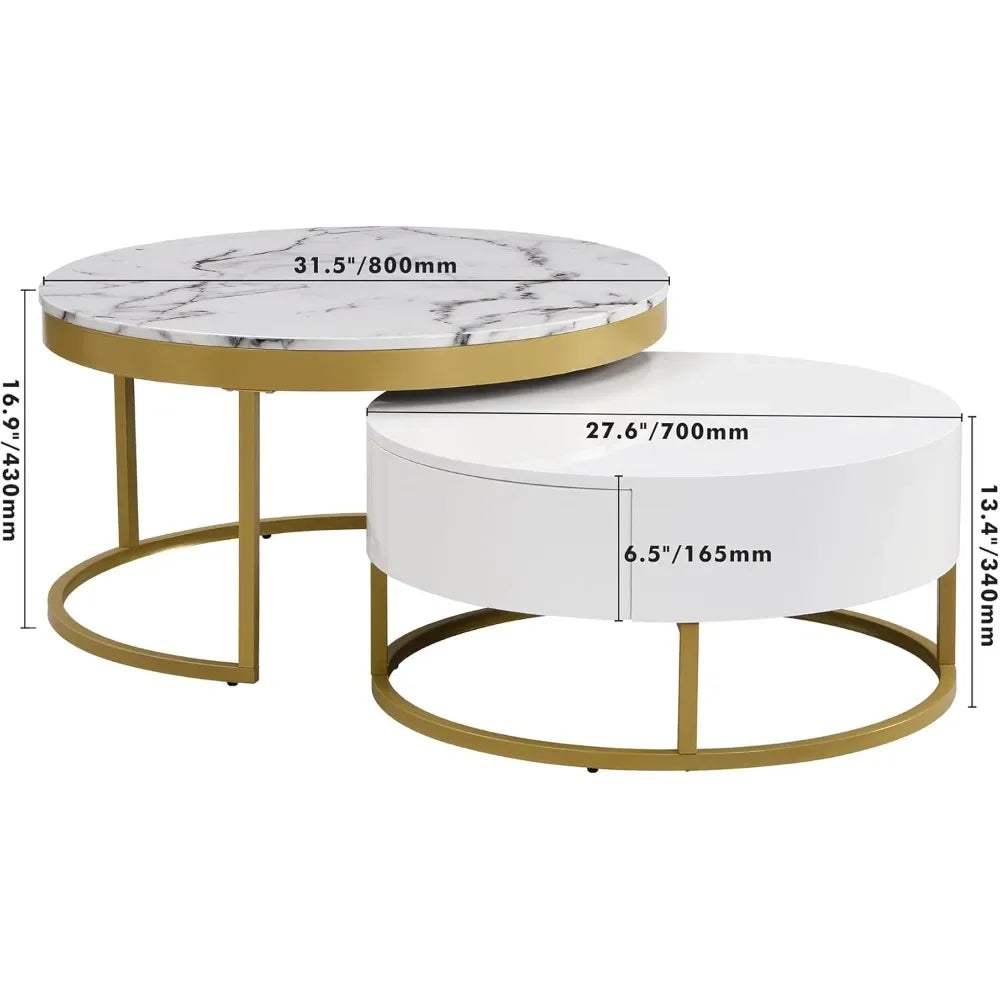 Modern Round Nesting Coffee Table with Drawers for Living Room