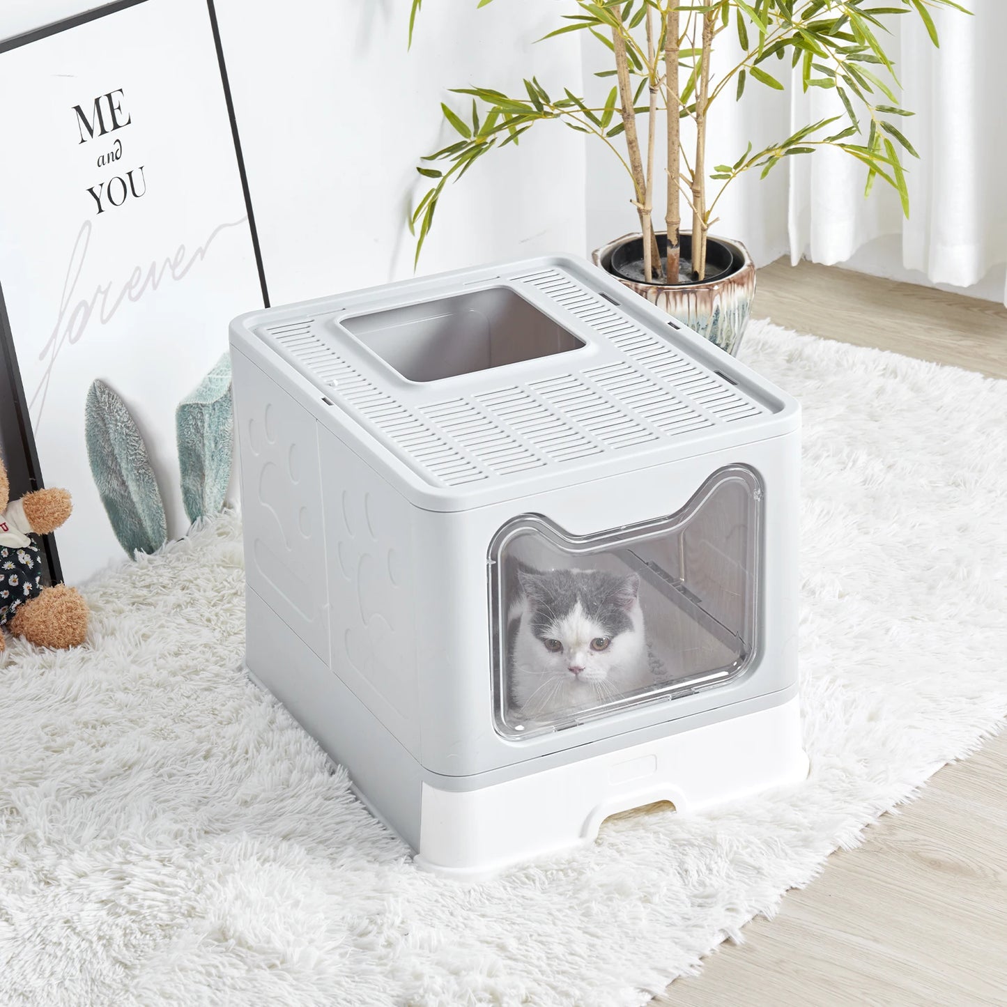 Bingopaw XXL Large Space Foldable Cat Litter Box with Front Entry and Top Exit with Tray