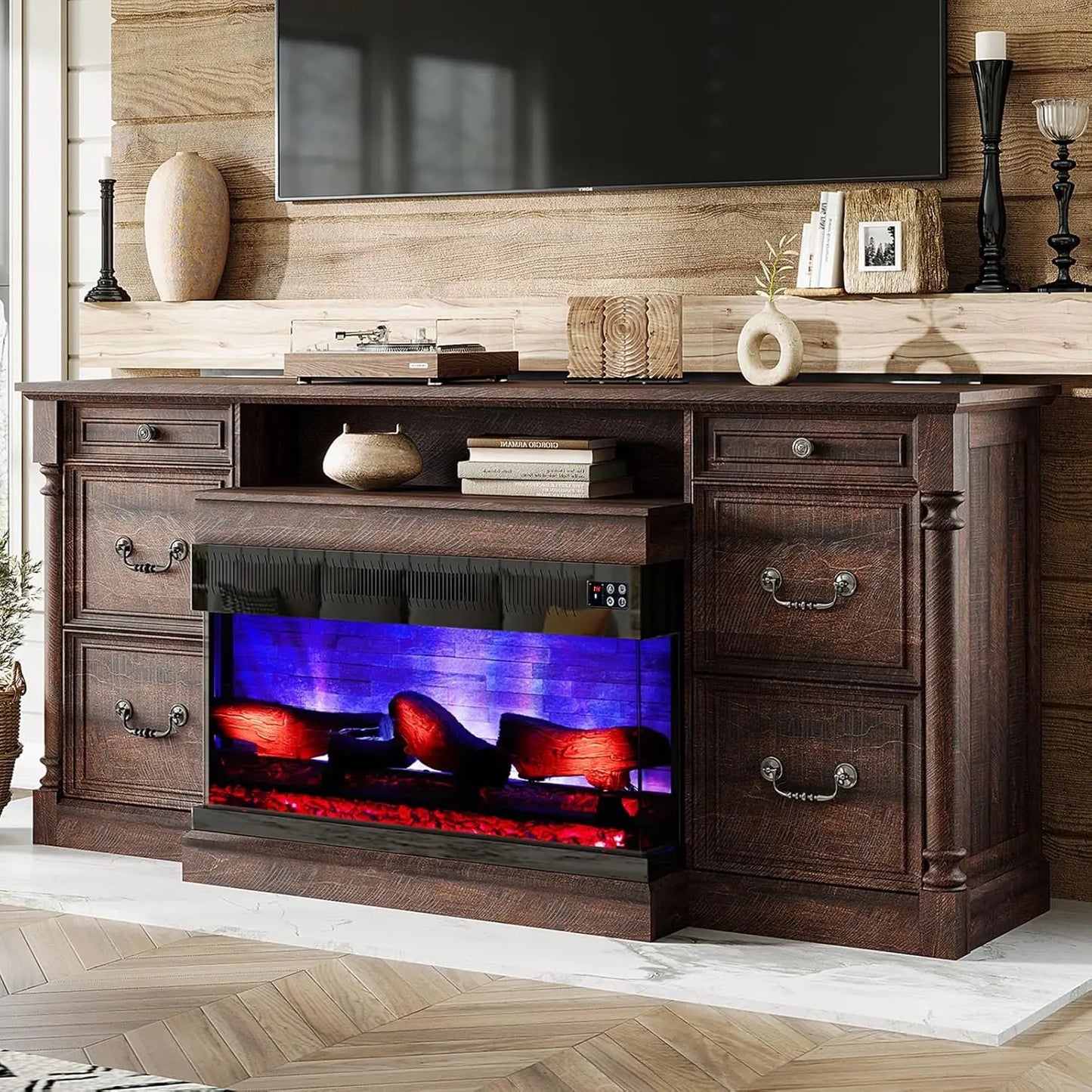 36 inch 3-Sided Glass Fireplace, 75 inch Large TV Console, Wood Entertainment Center for TVs up to 85 inch