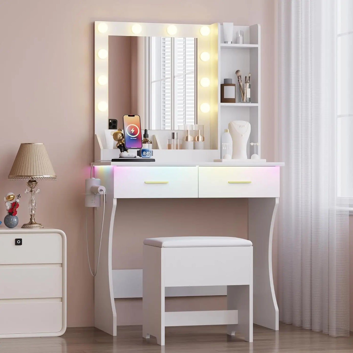 Vanity Mirror with Lights Desk and Chair,Makeup Table with Charging Station,Small Dressing Table with 2 Large Drawers,RGB Ambien