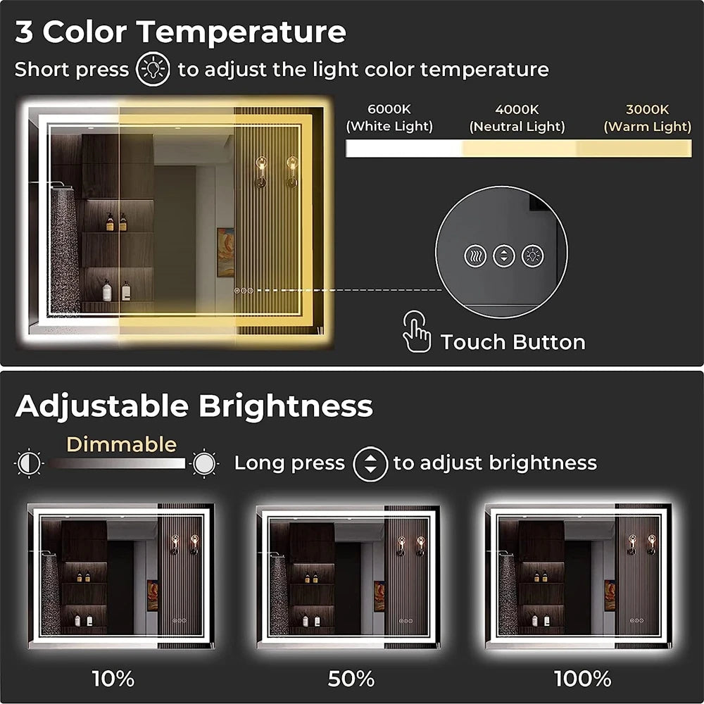 Wisfor LED Bathroom Mirror With Front Backlit Dimmable Vanity Wall Mirror HD Anti-fog