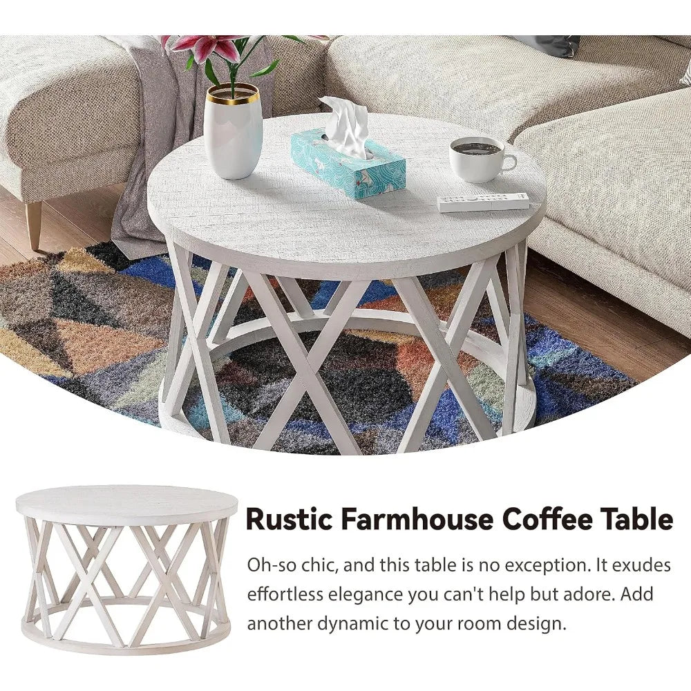 Farmhouse Coffee Table, Rustic Round Coffee Table with X-Motifs Legs, Wood Textured Top, for Boho, French Country Decor, Antique