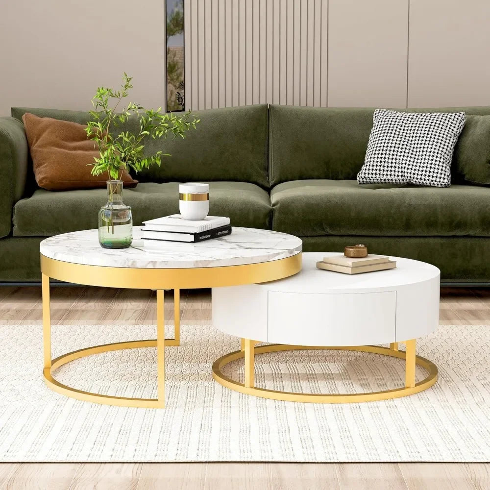 Modern Round Nesting Coffee Table with Drawers for Living Room