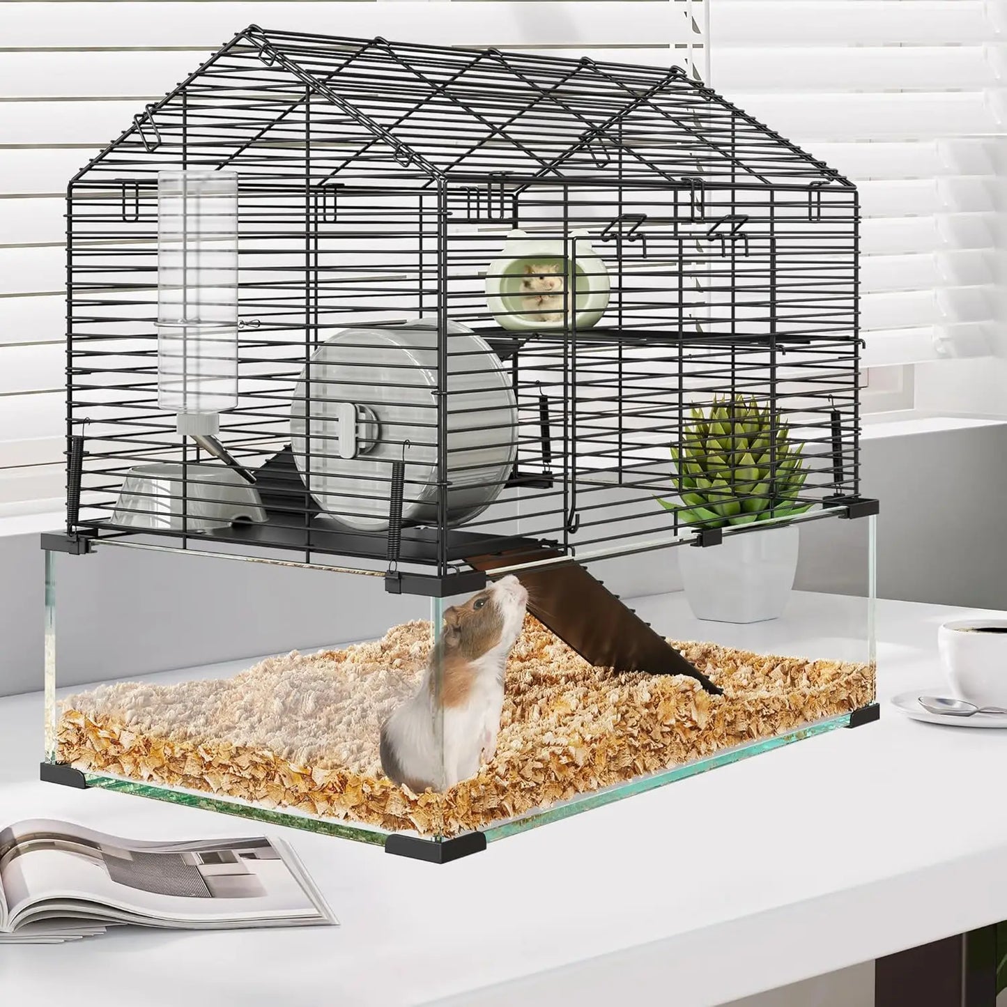 Metal Hamster Cage, Transparent Small Animal Cage Habitats with Water Bottle for Rats Hamsters & Hedgehogs Guinea Pigs