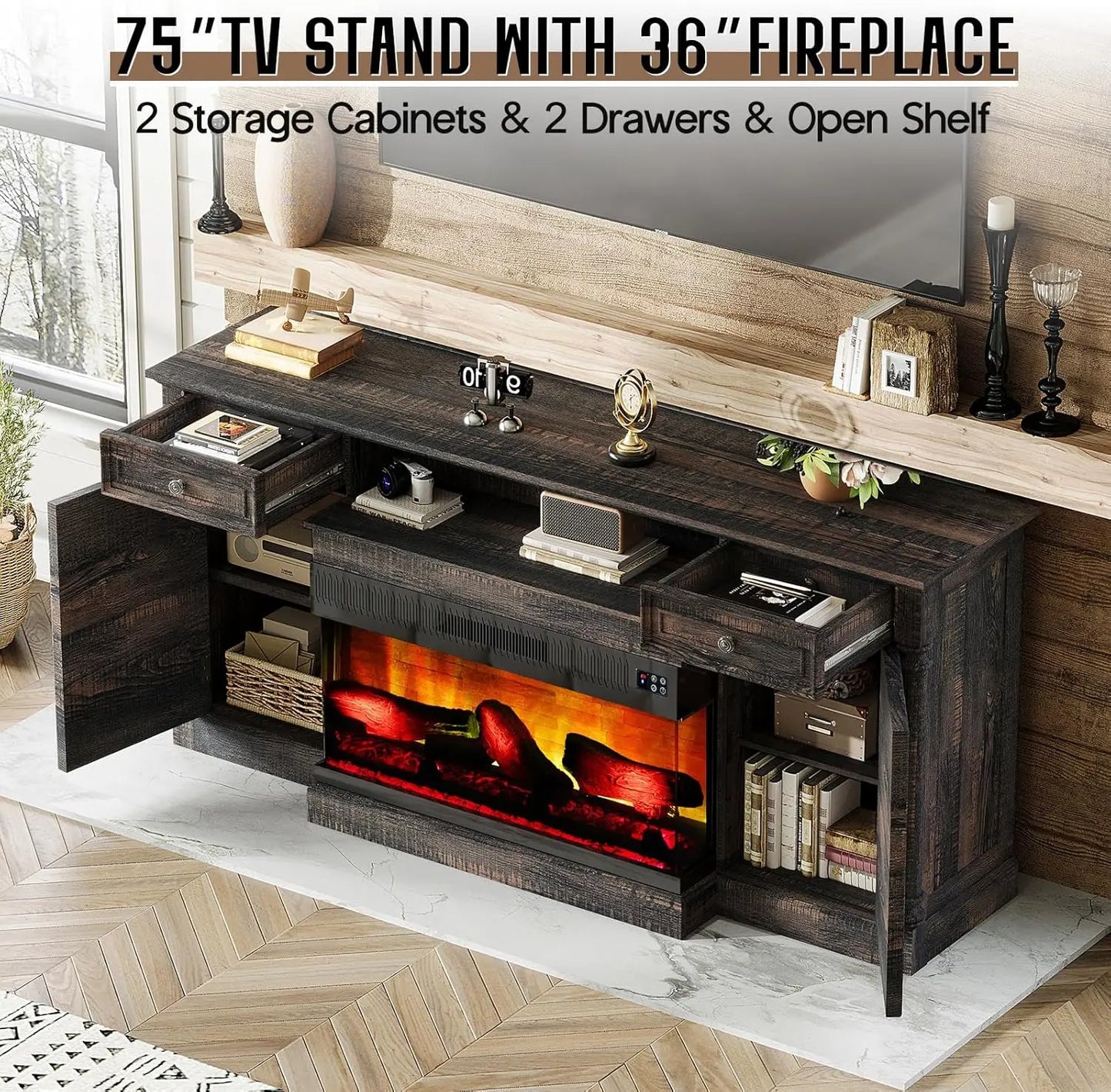 36 inch 3-Sided Glass Fireplace, 75 inch Large TV Console, Wood Entertainment Center for TVs up to 85 inch