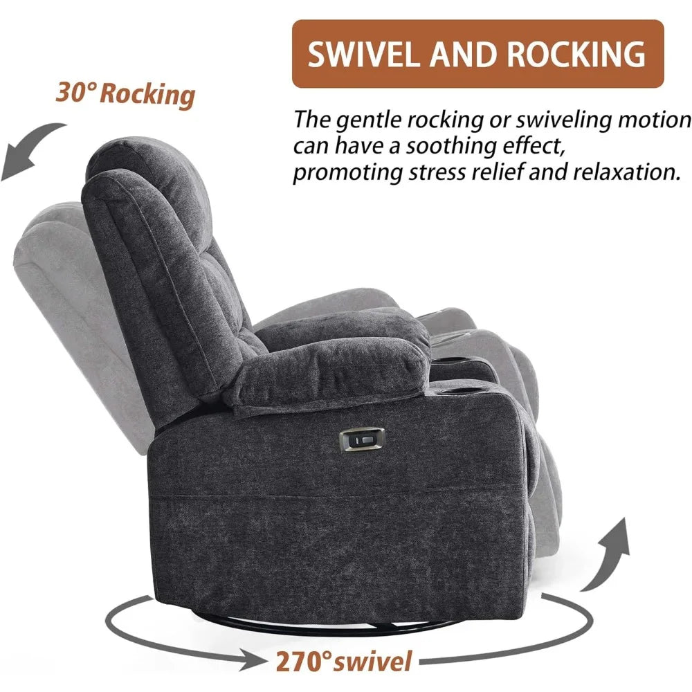 Power Swivel Rocker Recliner Chair for Adults with Massage and Heat, USB and Type-C Ports, Infinite Position, Electric Glider Re