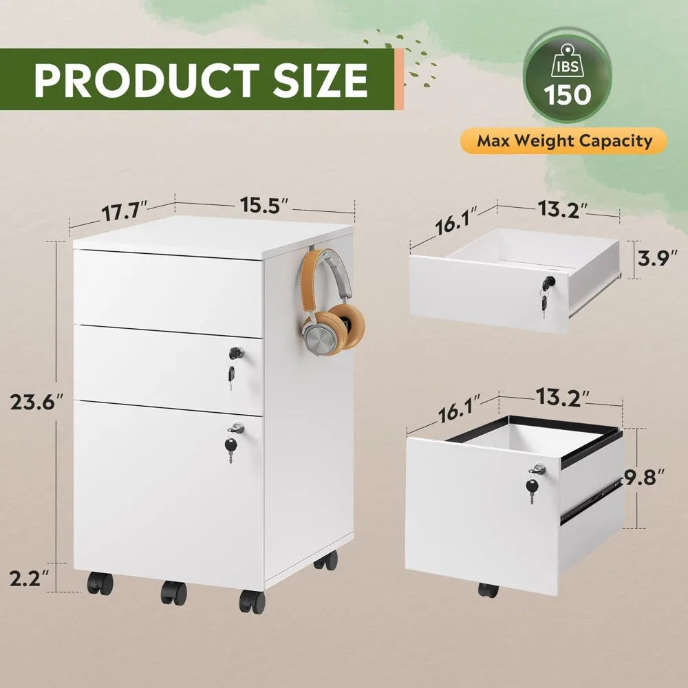 3 Drawer Rolling File Cabinet with Lock, Wood Under Desk Filing Cabinet fits Letter/Legal/A4 Size for Home Office, White