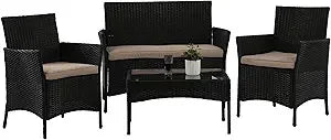 4-Piece Outdoor Patio Furniture Set: Rattan Wicker Sofa with Cushions and Glass Table for Garden Conversation Area