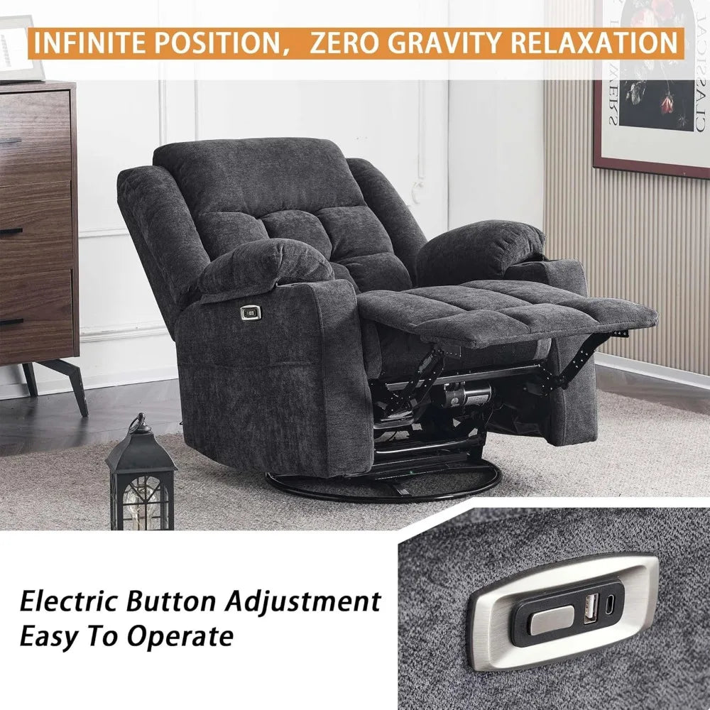 Power Swivel Rocker Recliner Chair for Adults with Massage and Heat, USB and Type-C Ports, Infinite Position, Electric Glider Re