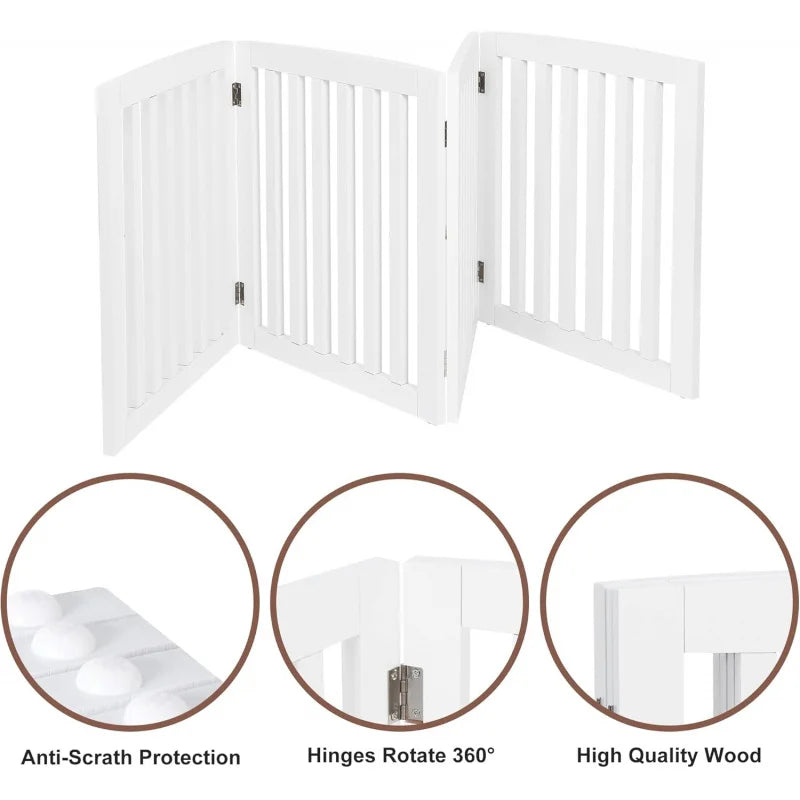24-Inch White Wooden Pet Dog Gate - 4-Panel Foldable Freestanding Z-Shape Step-Over Fence for Entryway, Stairs & Doorway