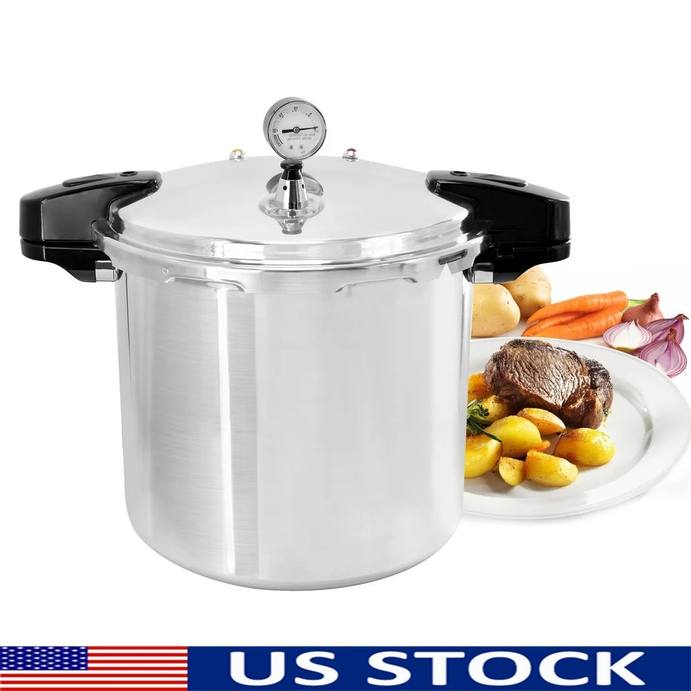 24QT Aluminum Pressure Cooker Induction Gas Stove Safe Large Capacity with Locking Lid Removable Pressure Gauge Steamer Grid