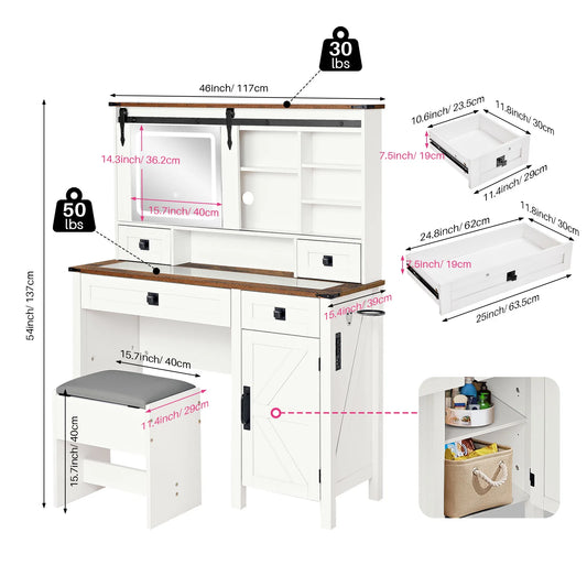 Redlife Farmhouse Vanity Desk Makeup Table Set w/ Sliding Mirror Lights Glass Tabletop w/ Stool Charging Station Jewelry Cabinet
