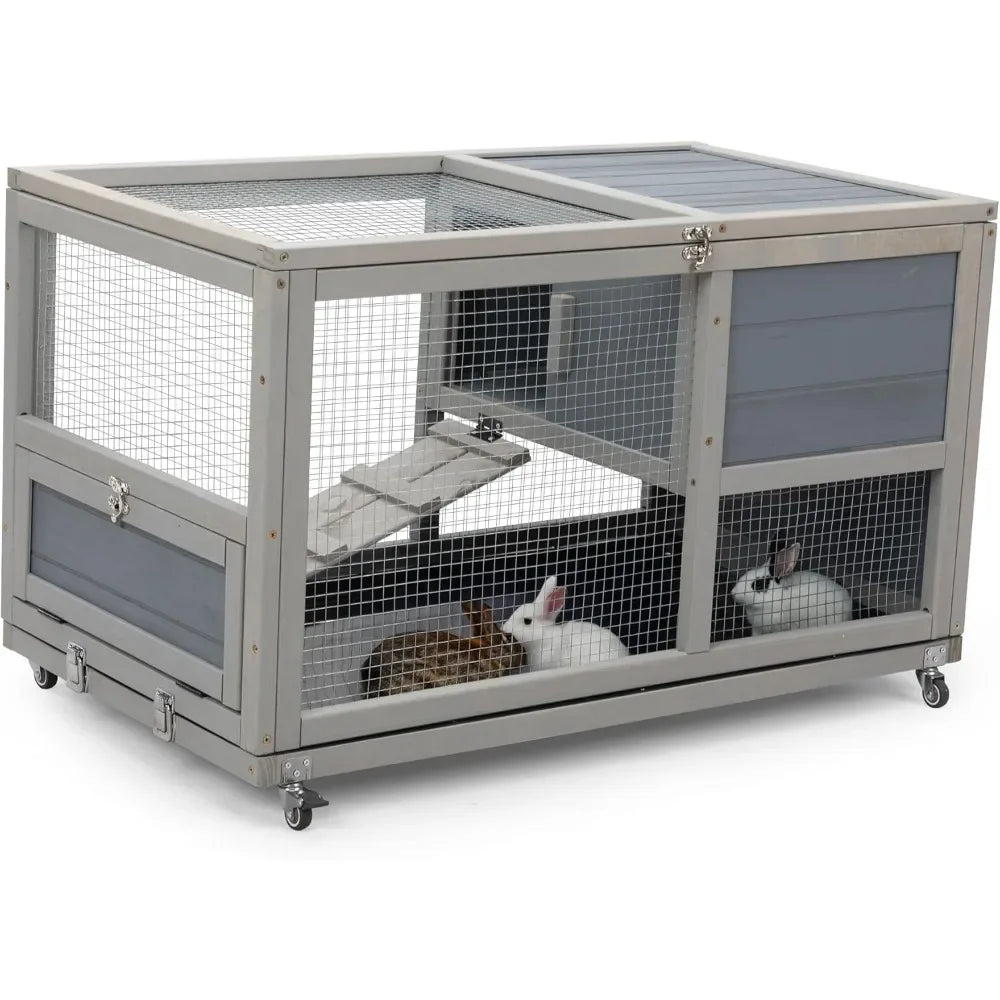 Fashionable Wood 36In Rabbit Hutch Indoor on Wheels Bunny Cage Outdoor Rabbit Cage with Clean Tray, Openable Roof
