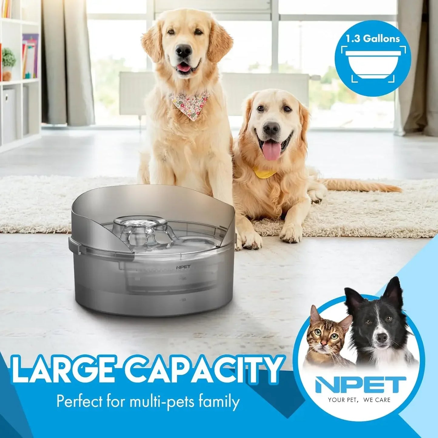 NPET DF10-SG Dog Water Fountain 1.3 Gallon Large Automatic Dog Water Bowl with Splatter Guard