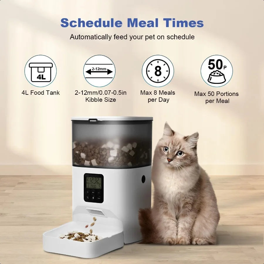 Automatic Cat Feeder 4L Cat Food Dispenser with 10s Voice Recorder Pet Feeder up to 8 Meals per Day Timed Dog Feeder with Dry F