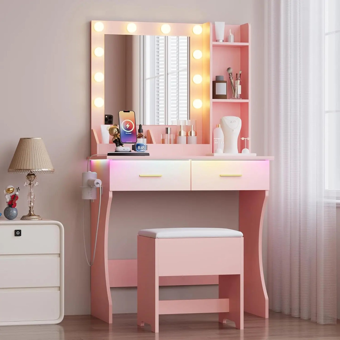 Vanity Mirror with Lights Desk and Chair,Makeup Table with Charging Station,Small Dressing Table with 2 Large Drawers,RGB Ambien