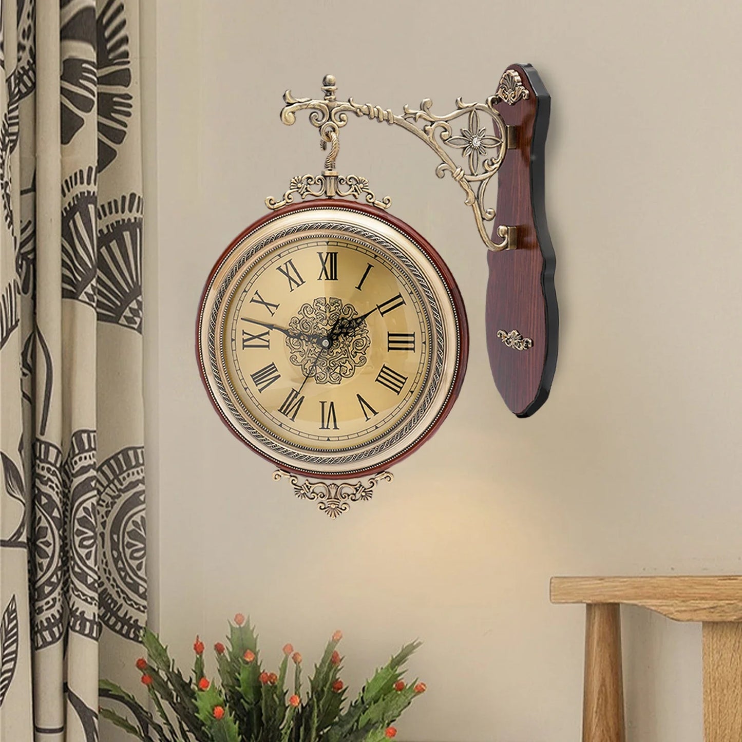 Large Wall Clock Double Sided, European Style Alloy Wall Clock Non Ticking Silent Clock for Indoor Outdoor Office Living Room
