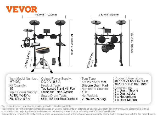 SucceBuy Electric Drum Set 15 Drum Kits& 150 Sounds Electronic Drum Kit 6.5-8in Quiet Mesh Snare Electric Drum Set for Beginners