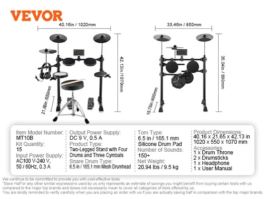 SucceBuy Electric Drum Set 15 Drum Kits& 150 Sounds Electronic Drum Kit 6.5-8in Quiet Mesh Snare Electric Drum Set for Beginners