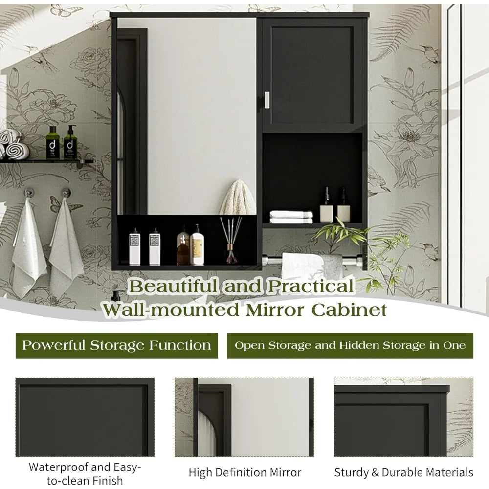 Wall Mount Bathroom Cabinet with Mirror, Open Shelf, and Towel Bar, 29.5 W x 28.7 H Over The Toilet Mirrored Bathroom Wall