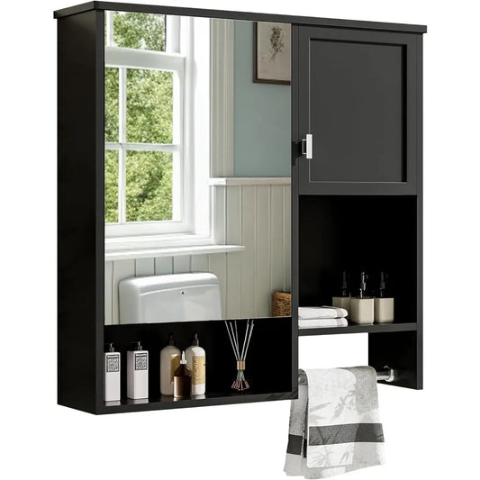 Wall Mount Bathroom Cabinet with Mirror, Open Shelf, and Towel Bar, 29.5 W x 28.7 H Over The Toilet Mirrored Bathroom Wall