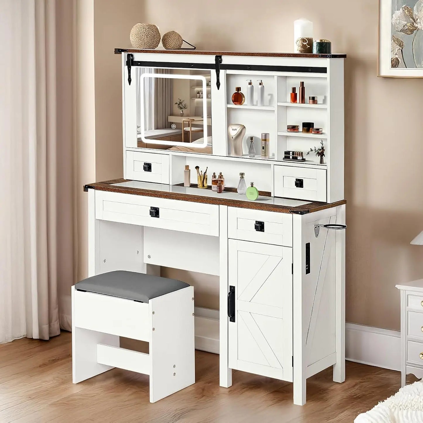 Redlife Farmhouse Vanity Desk Makeup Table Set w/ Sliding Mirror Lights Glass Tabletop w/ Stool Charging Station Jewelry Cabinet