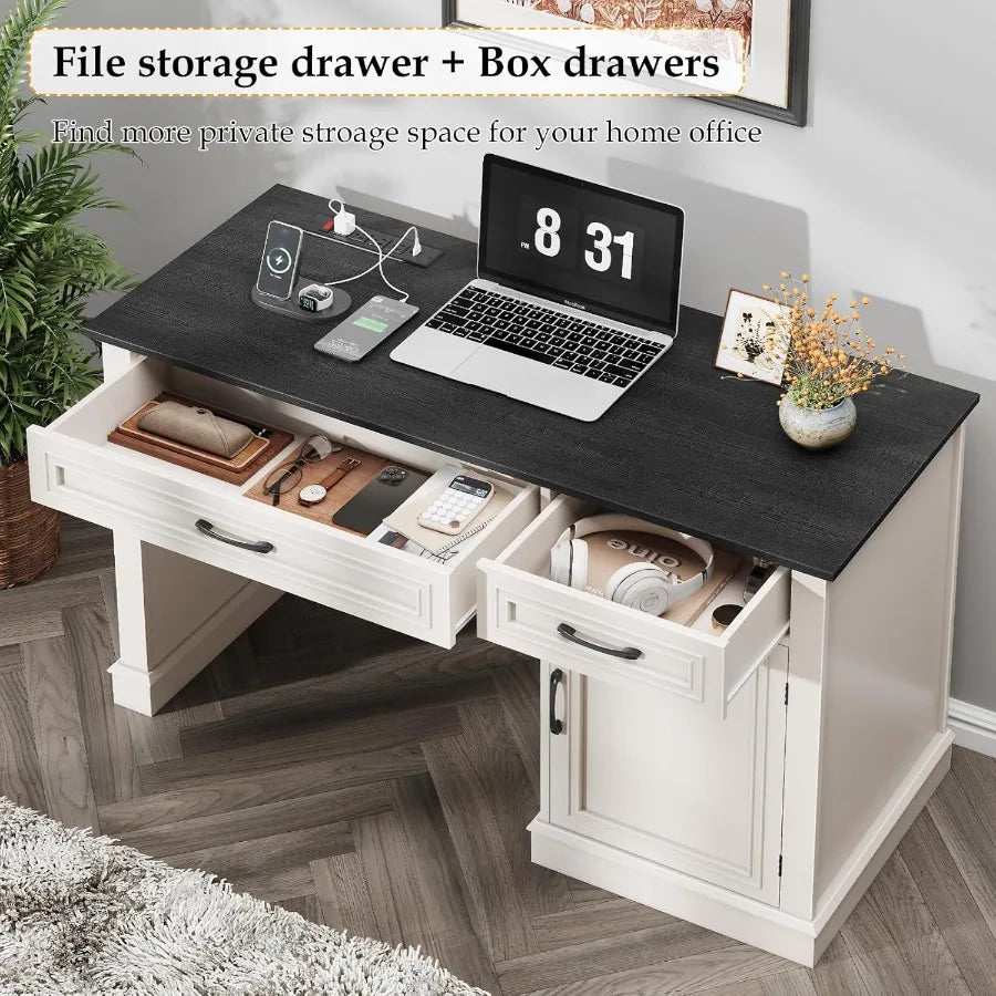 Farmhouse 47 Executive Desk with Drawers and Storage Cabinet for Home Office and Study Workstation Includes Built-in Charging S