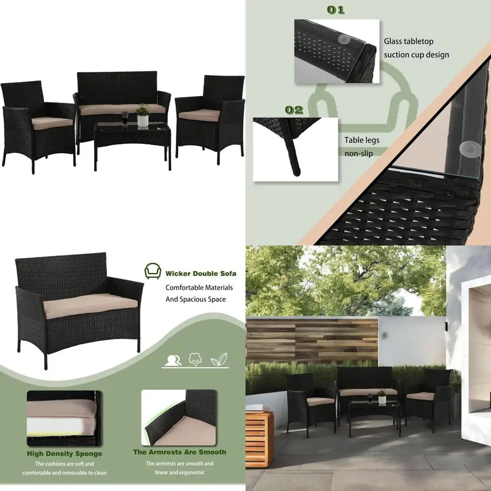 4-Piece Outdoor Patio Furniture Set: Rattan Wicker Sofa with Cushions and Glass Table for Garden Conversation Area