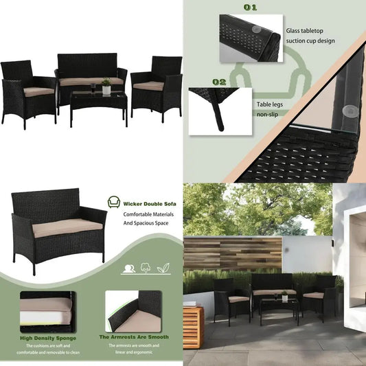 4-Piece Outdoor Patio Furniture Set: Rattan Wicker Sofa with Cushions and Glass Table for Garden Conversation Area