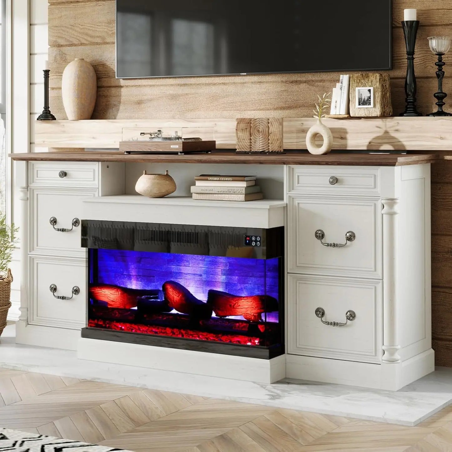 36 inch 3-Sided Glass Fireplace, 75 inch Large TV Console, Wood Entertainment Center for TVs up to 85 inch