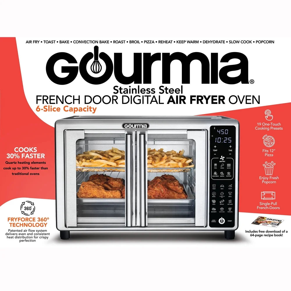 1700W Digital Toaster Oven Air Fryer 24L 19 One-Touch Presets FryForce 360 Technology French Doors Stainless Steel Cooking