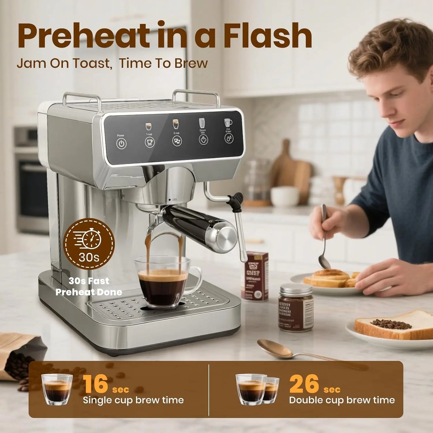 Expresso Coffee Machines With Touchscreen 20 Bar Professional Espresso Maker With Milk Frother & Hot Water, Stainless Steel Coff