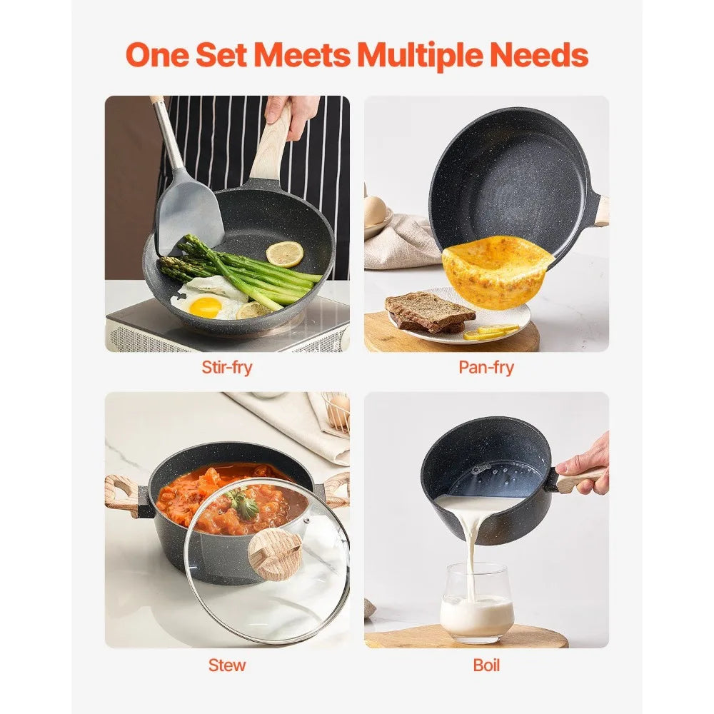 17 Piece Pots and Pans Set Granite Nonstick Kitchen Cookware Induction Black