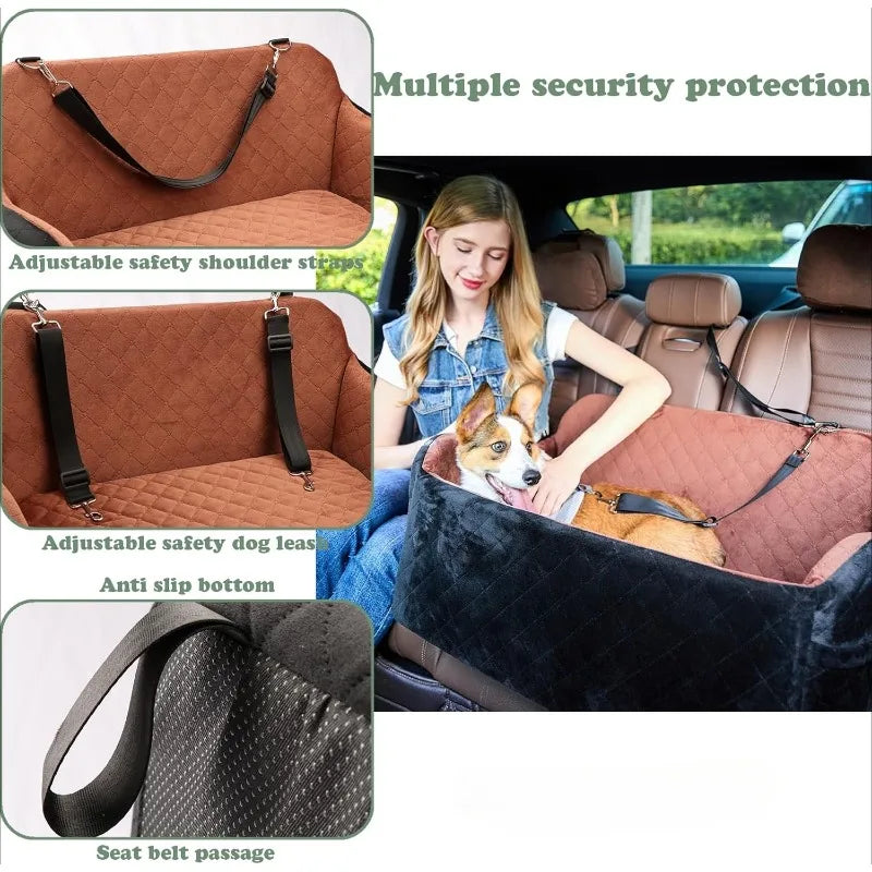 Dog Car Seat for Large Size Dog,Soft Fabric Car Dog Bed Filling Memory Foam,2 Clip-On Safety Leashs and 2 Pockets,Removable and