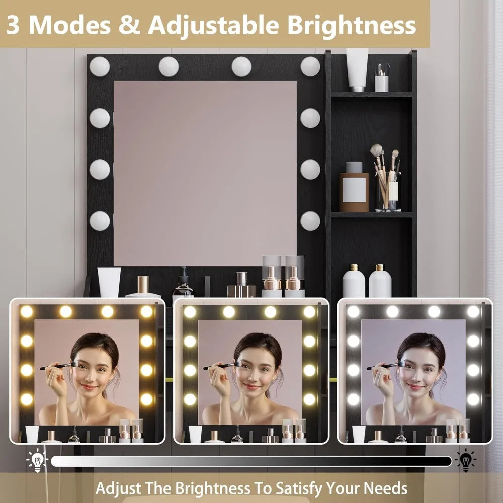 Vanity Mirror with Lights Desk and Chair,Makeup Table with Charging Station,Small Dressing Table with 2 Large Drawers,RGB Ambien